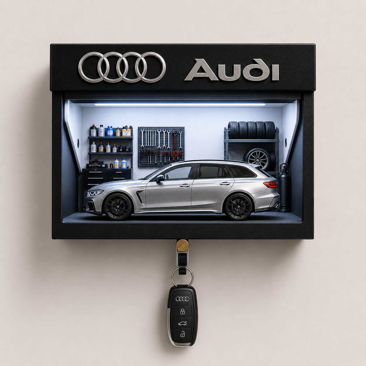 Custom Car Miniature Garage Wall Display with LED Lights & Key Holder